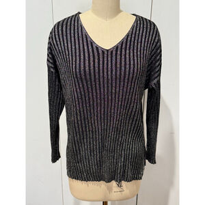 Women's Vince Camuto V-Neck metallic striped Sweater 1X Black Silver